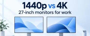 Ryvenora Insights cover reading 1440p vs 4K and 27-inch monitors for work, above two illustrated monitors with abstract blue screens on a light background.
