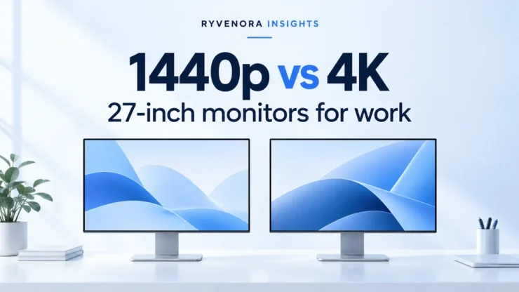 Ryvenora Insights cover reading 1440p vs 4K and 27-inch monitors for work, above two illustrated monitors with abstract blue screens on a light background.