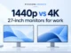 Ryvenora Insights cover reading 1440p vs 4K and 27-inch monitors for work, above two illustrated monitors with abstract blue screens on a light background.