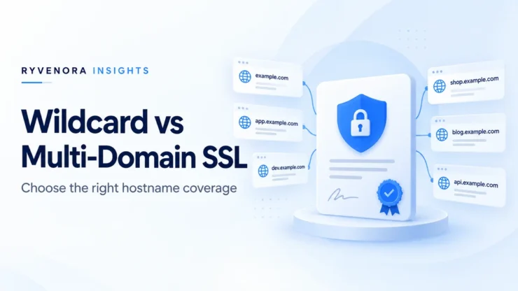 Ryvenora Insights cover reading Wildcard vs Multi-Domain SSL and Choose the right hostname coverage, with an illustrated certificate, shield, and example domain cards on a light background.