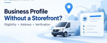 Ryvenora Insights cover reading Business Profile Without a Storefront, with eligibility, address, and verification text, a service van, location pin, and abstract business card on a light background.