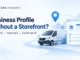 Ryvenora Insights cover reading Business Profile Without a Storefront, with eligibility, address, and verification text, a service van, location pin, and abstract business card on a light background.