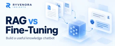 Ryvenora Insights cover reading RAG vs Fine-Tuning, with document cards, an abstract model cube, and a chat panel on a pale blue background.