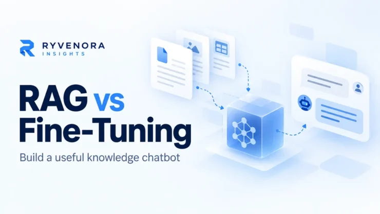 Ryvenora Insights cover reading RAG vs Fine-Tuning, with document cards, an abstract model cube, and a chat panel on a pale blue background.
