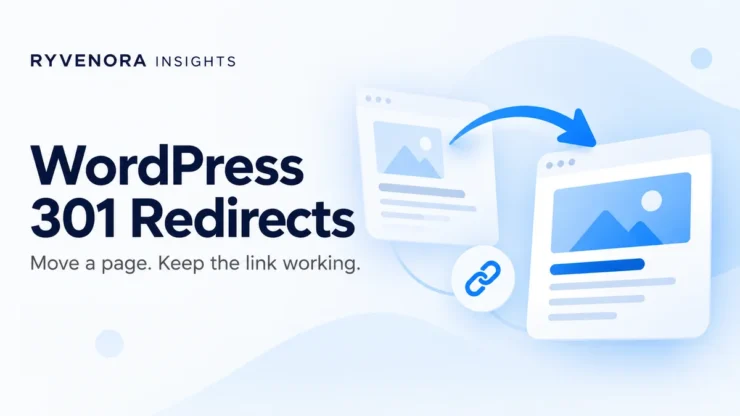 Ryvenora Insights cover reading WordPress 301 Redirects, with two illustrated webpage cards joined by a blue arrow on a pale blue background.