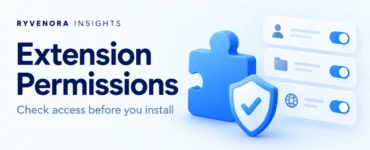 Ryvenora Insights cover reading Extension Permissions, with a blue puzzle piece, shield, and abstract permission cards on a pale blue background.