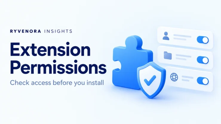 Ryvenora Insights cover reading Extension Permissions, with a blue puzzle piece, shield, and abstract permission cards on a pale blue background.