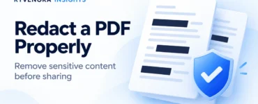 Ryvenora Insights cover reading Redact a PDF Properly, with illustrated document cards, navy redaction marks, and a blue shield on a pale blue background.