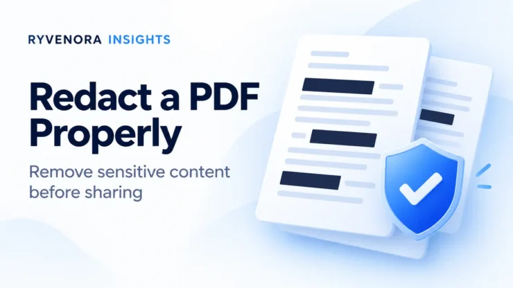 Ryvenora Insights cover reading Redact a PDF Properly, with illustrated document cards, navy redaction marks, and a blue shield on a pale blue background.