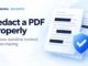 Ryvenora Insights cover reading Redact a PDF Properly, with illustrated document cards, navy redaction marks, and a blue shield on a pale blue background.
