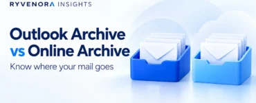 Ryvenora Insights cover reading Outlook Archive vs Online Archive, with two illustrated blue mail trays and envelope cards on a pale blue background.