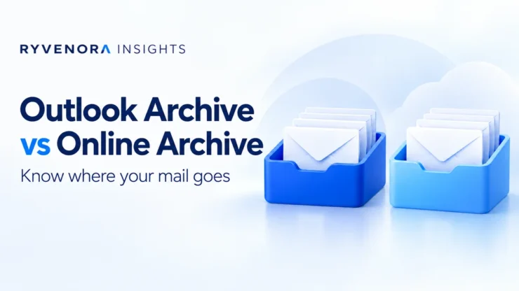 Ryvenora Insights cover reading Outlook Archive vs Online Archive, with two illustrated blue mail trays and envelope cards on a pale blue background.