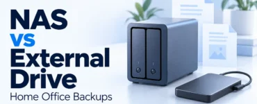 Ryvenora Insights cover reading NAS vs External Drive, Home Office Backups, with a stylized two-bay NAS and portable external drive on a pale blue background.