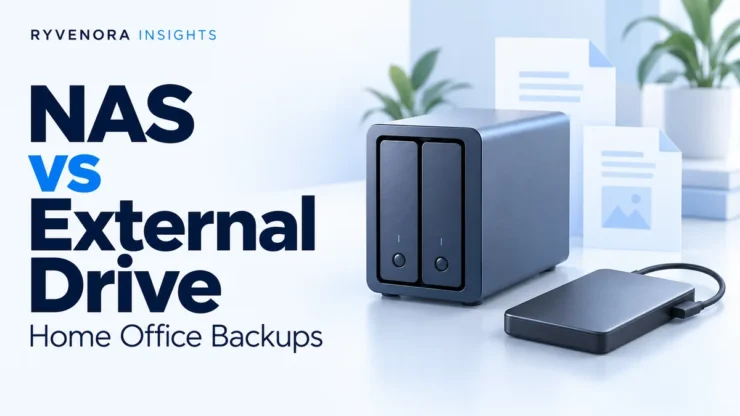 Ryvenora Insights cover reading NAS vs External Drive, Home Office Backups, with a stylized two-bay NAS and portable external drive on a pale blue background.