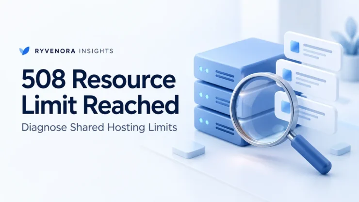Ryvenora Insights cover reading 508 Resource Limit Reached, Diagnose Shared Hosting Limits, with blue server blocks and a magnifying glass on a pale blue background.