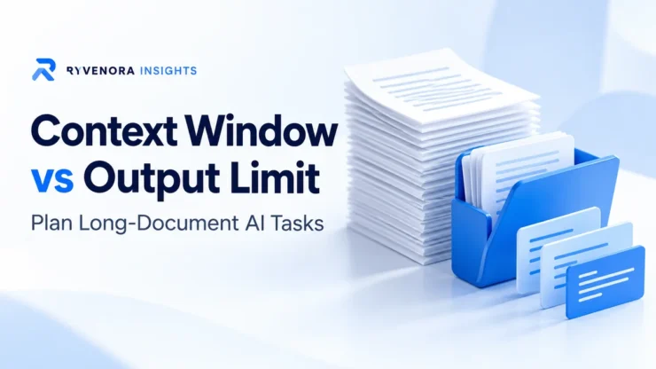 Ryvenora Insights cover reading Context Window vs Output Limit, Plan Long-Document AI Tasks, with a stack of pages and blue folders on a pale blue background.