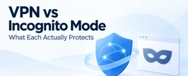 Ryvenora Insights cover reading VPN vs Incognito Mode, What Each Actually Protects, with a blue shield and a stylized private browser window on a pale blue background.
