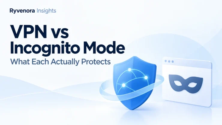 Ryvenora Insights cover reading VPN vs Incognito Mode, What Each Actually Protects, with a blue shield and a stylized private browser window on a pale blue background.