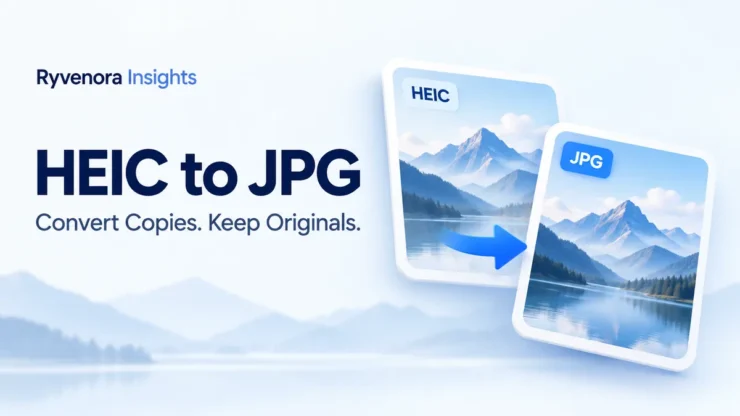Ryvenora Insights cover reading HEIC to JPG, Convert Copies. Keep Originals., with two mountain photo cards labeled HEIC and JPG and a blue arrow on a pale blue background.