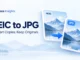 Ryvenora Insights cover reading HEIC to JPG, Convert Copies. Keep Originals., with two mountain photo cards labeled HEIC and JPG and a blue arrow on a pale blue background.