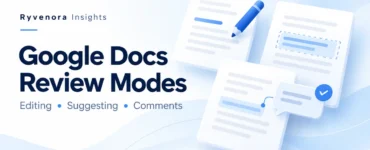 Ryvenora Insights cover reading Google Docs Review Modes, Editing, Suggesting, Comments, with illustrated document cards, a blue pencil, highlighted text, and a comment bubble on a pale blue background.