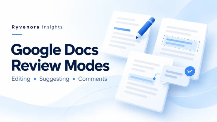 Ryvenora Insights cover reading Google Docs Review Modes, Editing, Suggesting, Comments, with illustrated document cards, a blue pencil, highlighted text, and a comment bubble on a pale blue background.