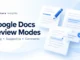 Ryvenora Insights cover reading Google Docs Review Modes, Editing, Suggesting, Comments, with illustrated document cards, a blue pencil, highlighted text, and a comment bubble on a pale blue background.