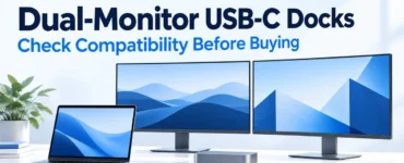 Ryvenora Insights cover reading Dual-Monitor USB-C Docks, Check Compatibility Before Buying, with an illustrated laptop, dock, and two monitors on a light desk.