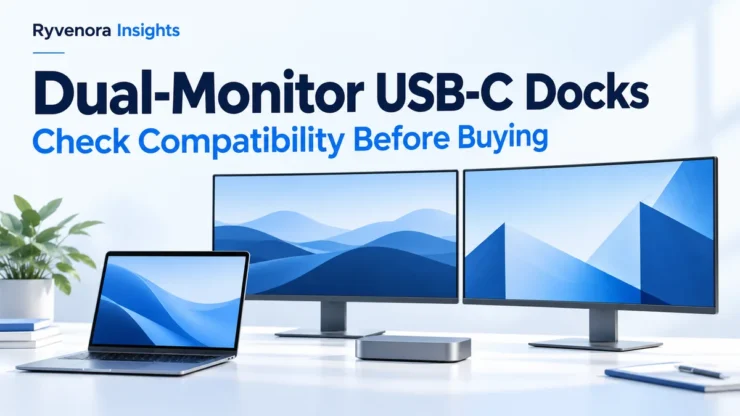 Ryvenora Insights cover reading Dual-Monitor USB-C Docks, Check Compatibility Before Buying, with an illustrated laptop, dock, and two monitors on a light desk.