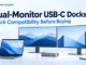 Ryvenora Insights cover reading Dual-Monitor USB-C Docks, Check Compatibility Before Buying, with an illustrated laptop, dock, and two monitors on a light desk.