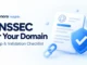 Ryvenora Insights cover reading DNSSEC for Your Domain, Setup & Validation Checklist, with a blue shield, document card, and chain links on a pale blue background.