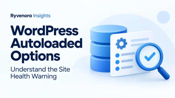 Ryvenora Insights cover reading WordPress Autoloaded Options, Understand the Site Health Warning, with a blue database stack, settings card, and magnifying glass on a pale background.