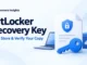 Ryvenora Insights cover reading BitLocker Recovery Key, Find, Store & Verify Your Copy, with a blue key, protected document, laptop, and storage box on a pale blue background.