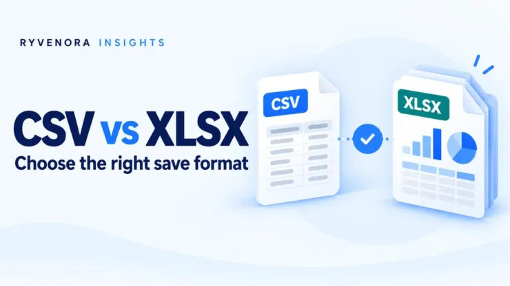 Ryvenora Insights cover reading CSV vs XLSX and Choose the right save format, with conceptual document cards showing rows and layered worksheets on a pale blue background.