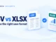 Ryvenora Insights cover reading CSV vs XLSX and Choose the right save format, with conceptual document cards showing rows and layered worksheets on a pale blue background.