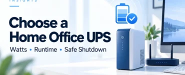 Ryvenora Insights cover reading Choose a Home Office UPS and Watts, Runtime, Safe Shutdown, with a conceptual UPS tower, router, monitor, and battery icon in a bright office.