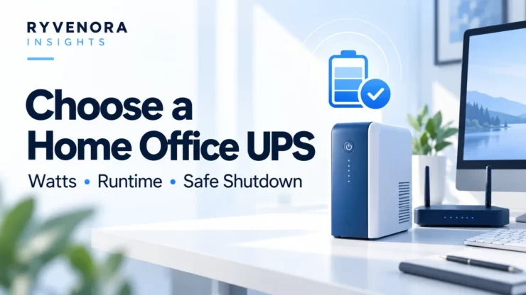 Ryvenora Insights cover reading Choose a Home Office UPS and Watts, Runtime, Safe Shutdown, with a conceptual UPS tower, router, monitor, and battery icon in a bright office.