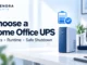 Ryvenora Insights cover reading Choose a Home Office UPS and Watts, Runtime, Safe Shutdown, with a conceptual UPS tower, router, monitor, and battery icon in a bright office.
