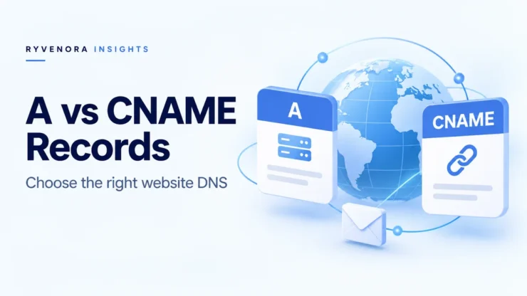 Ryvenora Insights cover reading A vs CNAME Records and Choose the right website DNS, with conceptual A and CNAME cards, a blue globe, and an envelope on a pale blue background.