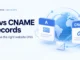 Ryvenora Insights cover reading A vs CNAME Records and Choose the right website DNS, with conceptual A and CNAME cards, a blue globe, and an envelope on a pale blue background.