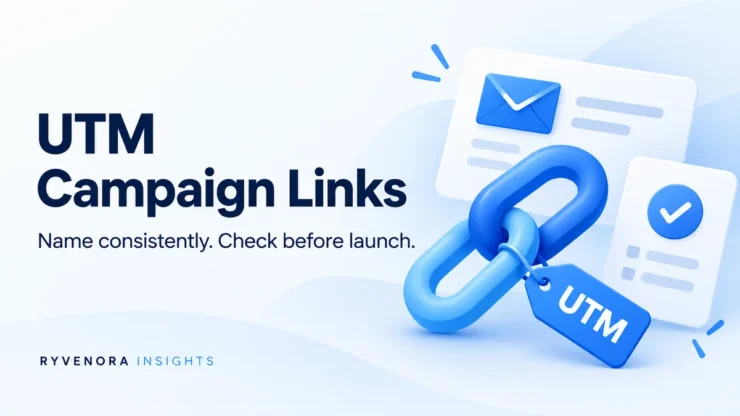 Ryvenora Insights cover reading UTM Campaign Links and Name consistently. Check before launch., with a blue chain link, UTM tag, envelope, and check mark on a pale blue background.