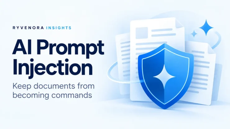 Ryvenora Insights cover reading AI Prompt Injection and Keep documents from becoming commands, with a blue shield and document cards on a pale blue background.