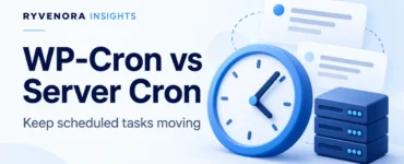 Ryvenora Insights cover reading WP-Cron vs Server Cron and Keep scheduled tasks moving, with a blue clock, document cards, and server illustration on a pale blue background.
