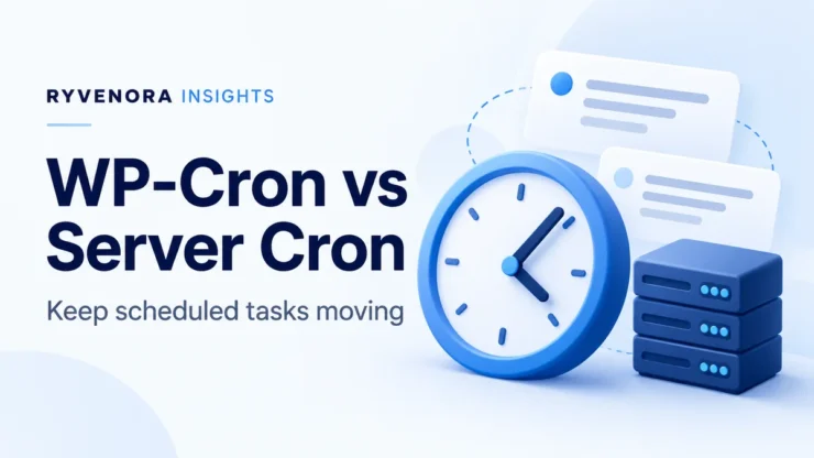Ryvenora Insights cover reading WP-Cron vs Server Cron and Keep scheduled tasks moving, with a blue clock, document cards, and server illustration on a pale blue background.