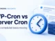Ryvenora Insights cover reading WP-Cron vs Server Cron and Keep scheduled tasks moving, with a blue clock, document cards, and server illustration on a pale blue background.