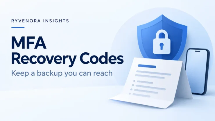 Ryvenora Insights cover reading MFA Recovery Codes and Keep a backup you can reach, with a blue shield, padlock, folded document, and phone on a pale blue background.