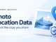 Ryvenora Insights cover reading Photo Location Data and Check the copy you share, with a mountain photo card, blue location pin, and shield on a pale blue background.