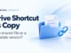 Ryvenora Insights cover reading Drive Shortcut vs Copy and One shared file or a separate version?, with a blue folder, document cards, and chain-link symbol on a pale blue background.