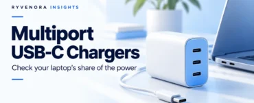 Ryvenora Insights cover reading Multiport USB-C Chargers and Check your laptop’s share of the power, with a conceptual blue-and-white charger, USB-C cable, and laptop on a pale background.