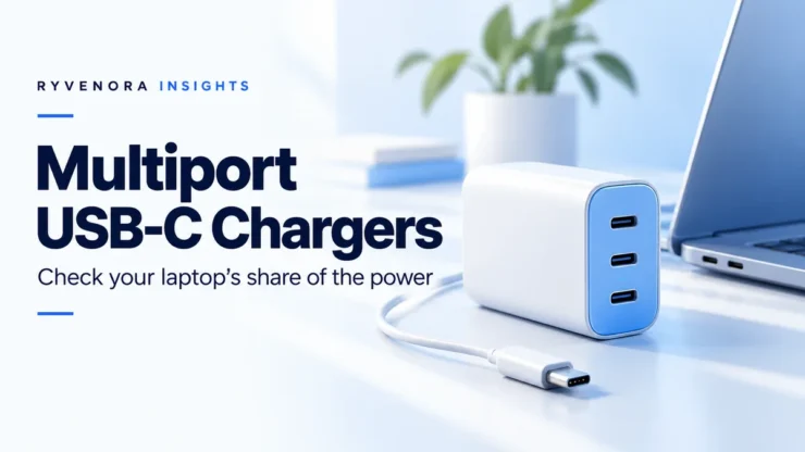 Ryvenora Insights cover reading Multiport USB-C Chargers and Check your laptop’s share of the power, with a conceptual blue-and-white charger, USB-C cable, and laptop on a pale background.